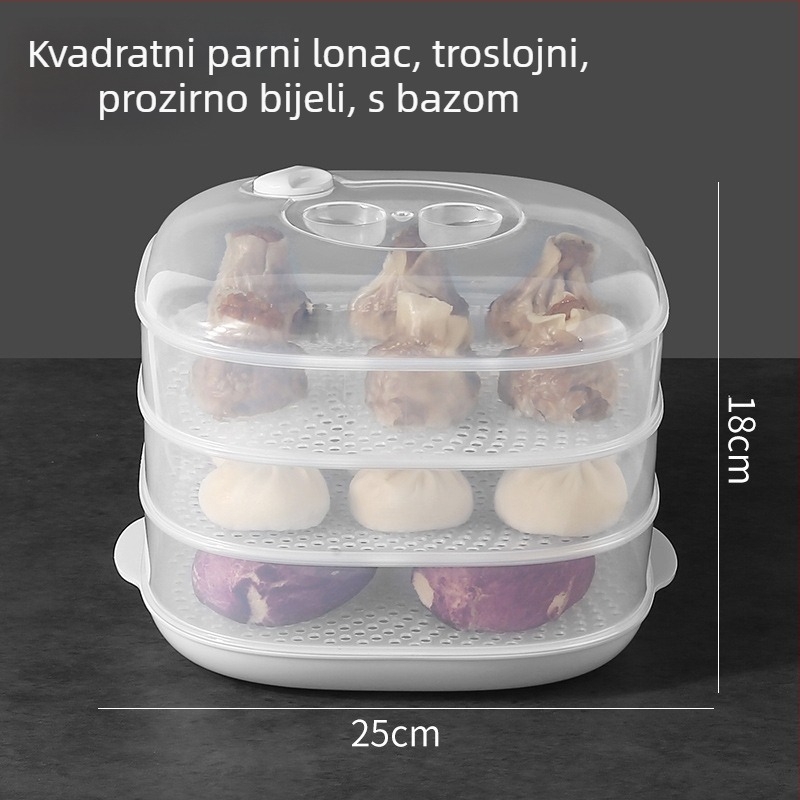 Kutija za parenje u mikrovalnoj s poklopcem — višeslojni pladanj za parenje peciva i obroka