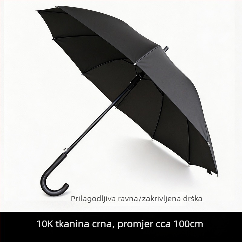 Ojačani dugi kišobran crne boje, poluautomatska ravna cijev, veliki poslovni kišobran pogodan za tisk logotipa