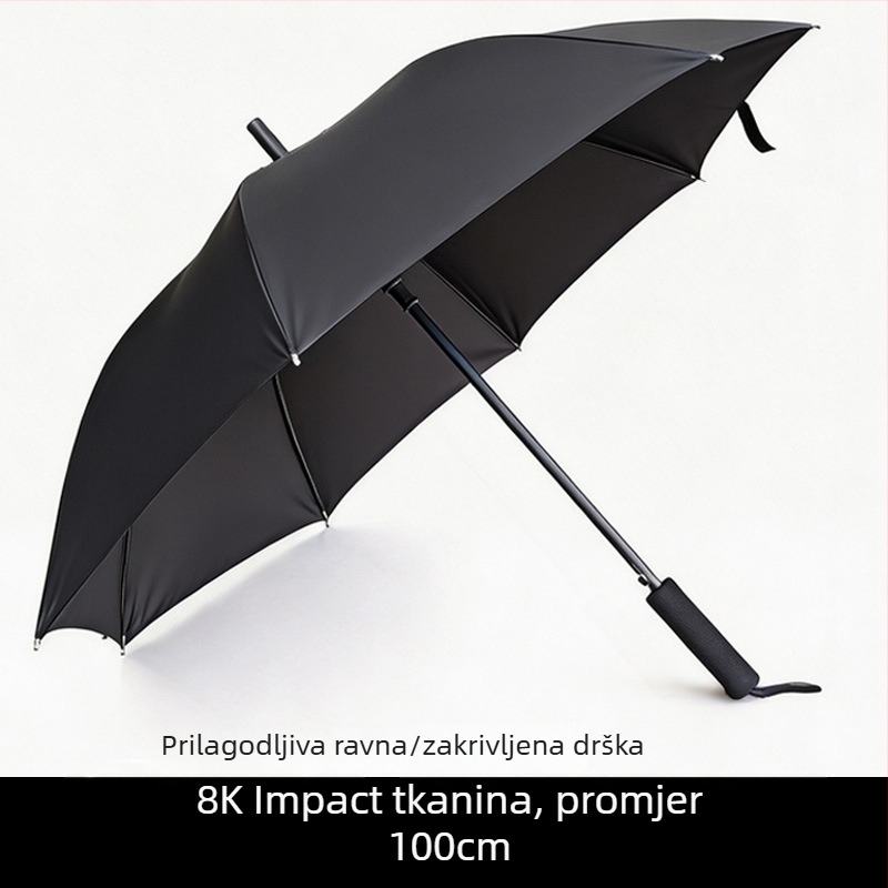 Ojačani dugi kišobran crne boje, poluautomatska ravna cijev, veliki poslovni kišobran pogodan za tisk logotipa