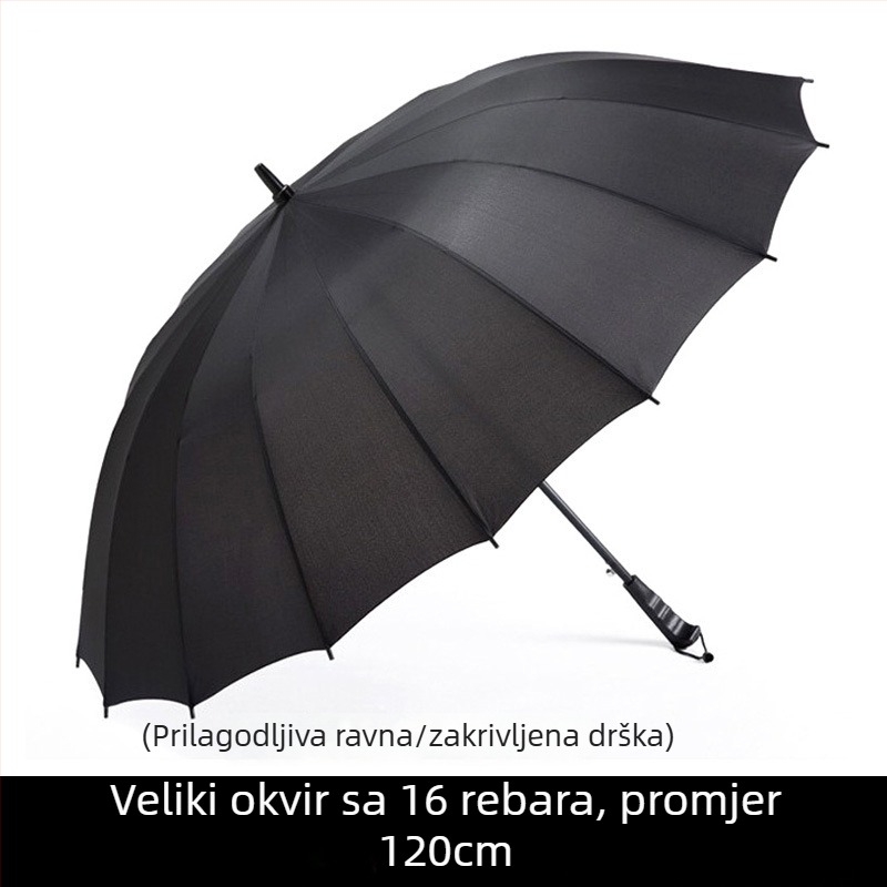 Ojačani dugi kišobran crne boje, poluautomatska ravna cijev, veliki poslovni kišobran pogodan za tisk logotipa