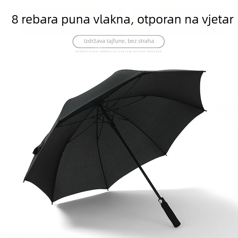 Ojačani dugi kišobran crne boje, poluautomatska ravna cijev, veliki poslovni kišobran pogodan za tisk logotipa