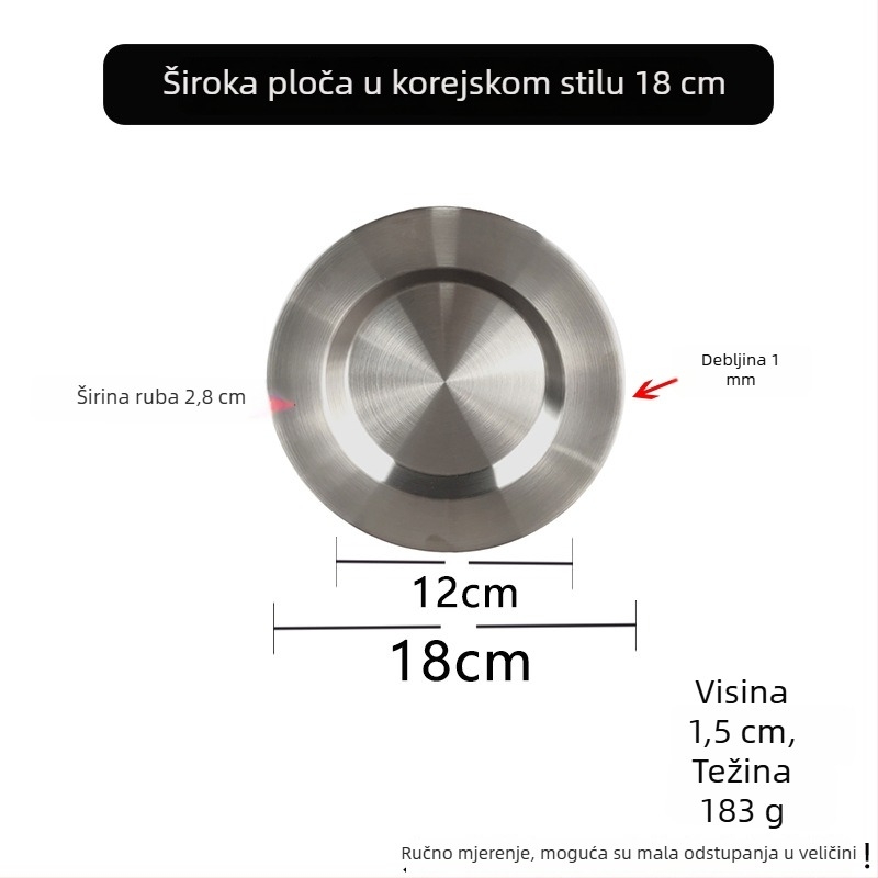 Set kružnih tanjura od nehrđajućeg čelika za roštilj s korejskim stilom ravnih i širokih rubova – uključuje tanjur za tjesteninu, desertni tanjur i zapadnjački ravni tanjur.