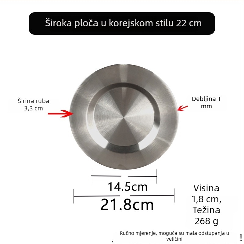 Set kružnih tanjura od nehrđajućeg čelika za roštilj s korejskim stilom ravnih i širokih rubova – uključuje tanjur za tjesteninu, desertni tanjur i zapadnjački ravni tanjur.