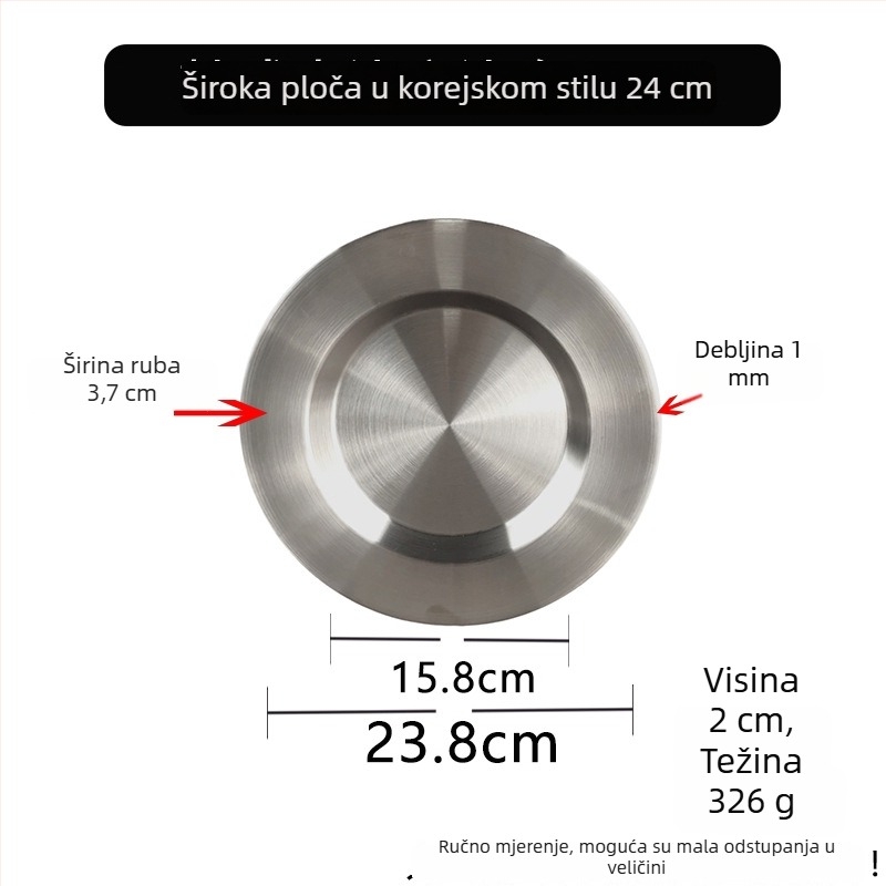 Set kružnih tanjura od nehrđajućeg čelika za roštilj s korejskim stilom ravnih i širokih rubova – uključuje tanjur za tjesteninu, desertni tanjur i zapadnjački ravni tanjur.