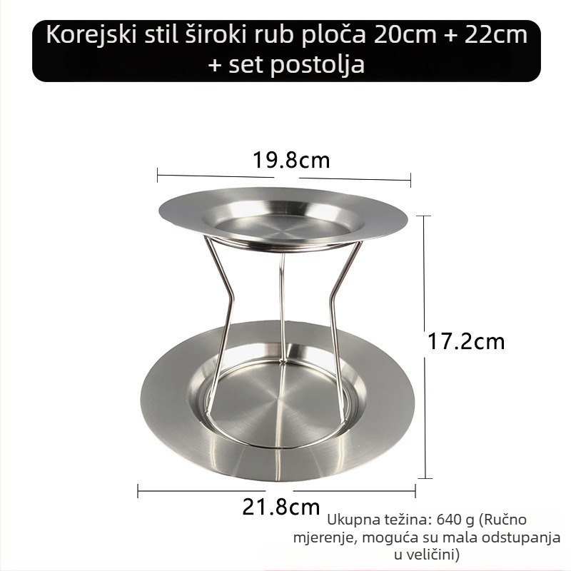 Set kružnih tanjura od nehrđajućeg čelika za roštilj s korejskim stilom ravnih i širokih rubova – uključuje tanjur za tjesteninu, desertni tanjur i zapadnjački ravni tanjur.