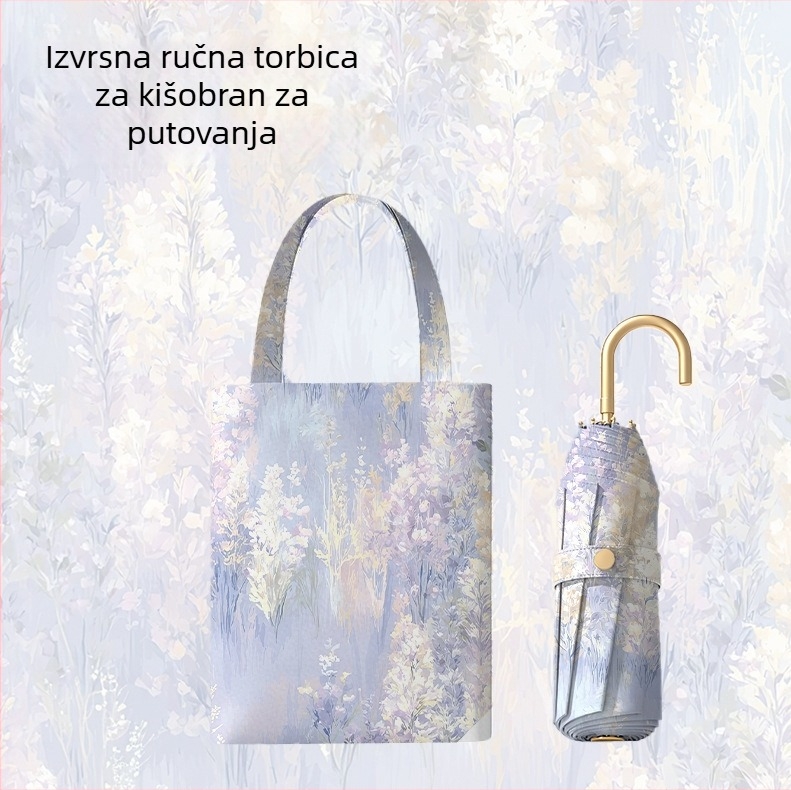 Bourgeon sklopivi kišobran za sunce i kišu s otisom, zlatna kuka, šareni gumeni premaz, UV zaštita UPF 50+, prilagođeni reklamni kišobran
