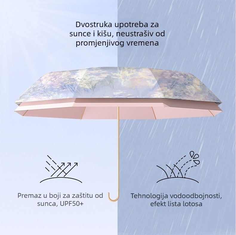 Bourgeon sklopivi kišobran za sunce i kišu s otisom, zlatna kuka, šareni gumeni premaz, UV zaštita UPF 50+, prilagođeni reklamni kišobran