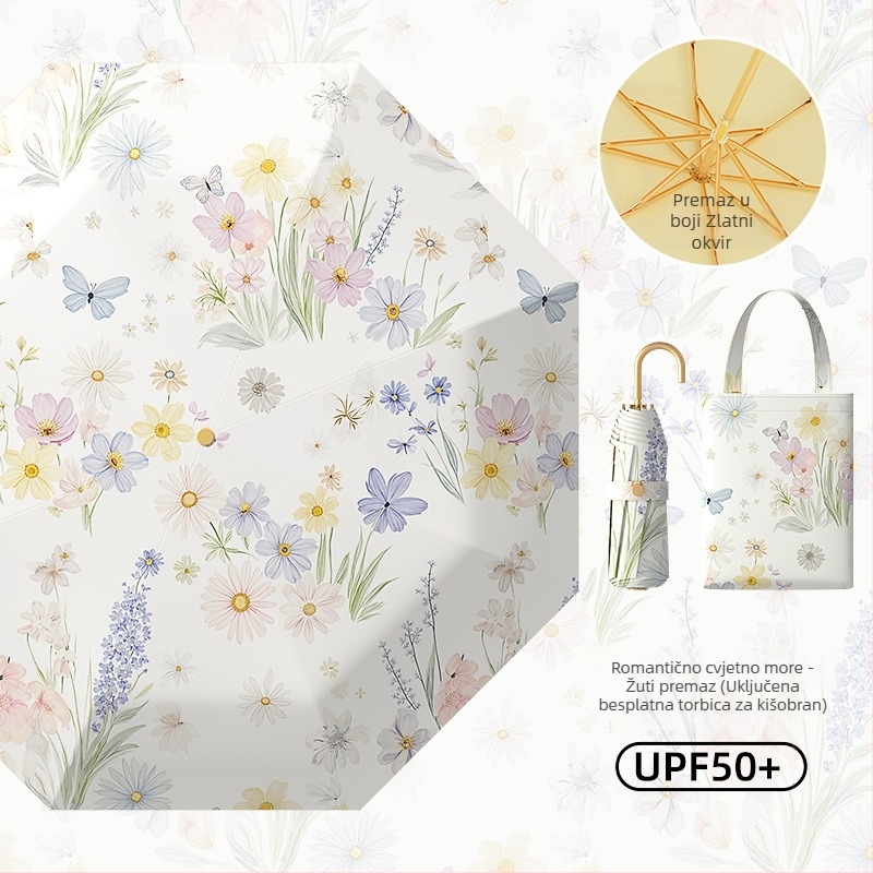 Bourgeon sklopivi kišobran za sunce i kišu s otisom, zlatna kuka, šareni gumeni premaz, UV zaštita UPF 50+, prilagođeni reklamni kišobran