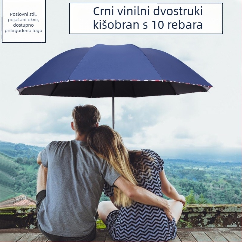 Tri-slojni sklopivi kišobran s deset čeličnih rebara, poslovnog stila, vinilni premaz, UV zaštita UPF50+, reklamni kišobran s prilagođenim logom