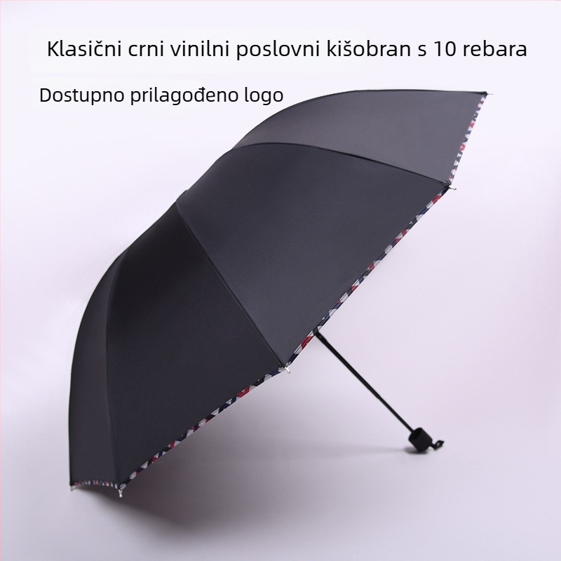 Tri-slojni sklopivi kišobran s deset čeličnih rebara, poslovnog stila, vinilni premaz, UV zaštita UPF50+, reklamni kišobran s prilagođenim logom