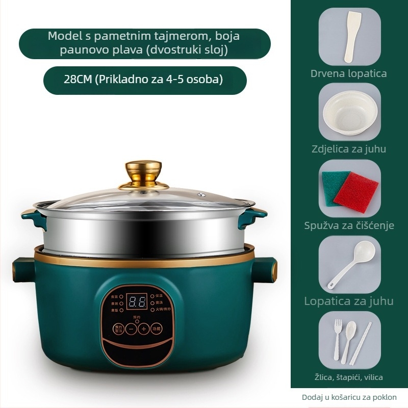 Električni wok i lonac, integrirana dvostruka namjena, 2-3 L, 801-1000 W, pametan LCD, tajmer, kontrola temperature, zaštita od sušenja, promjer 22-28 cm