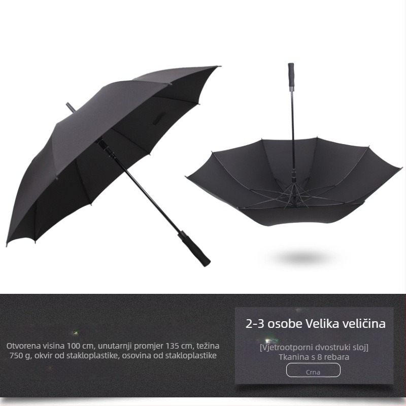 Golf kišobran ekstraveliki, dvostruki sloj, otporan na vjetar, ravna cijev i duga drška, poslovni poklon s otiskom logotipa