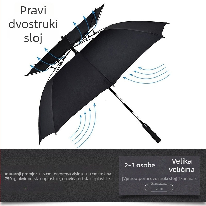Golf kišobran ekstraveliki, dvostruki sloj, otporan na vjetar, ravna cijev i duga drška, poslovni poklon s otiskom logotipa