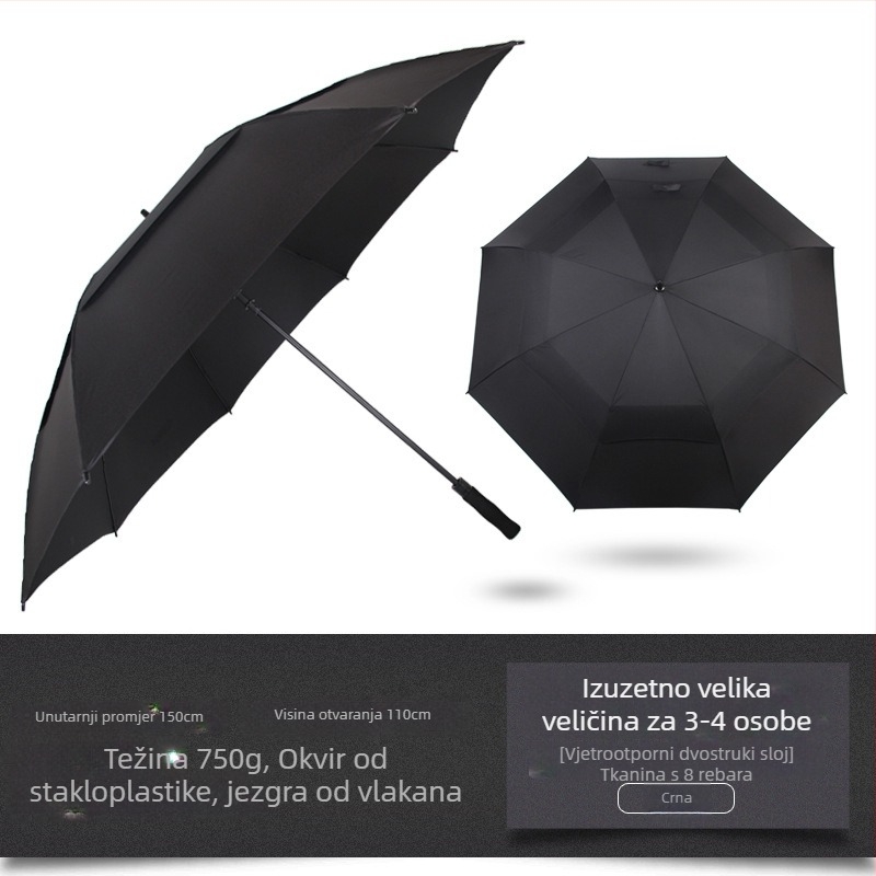 Golf kišobran ekstraveliki, dvostruki sloj, otporan na vjetar, ravna cijev i duga drška, poslovni poklon s otiskom logotipa