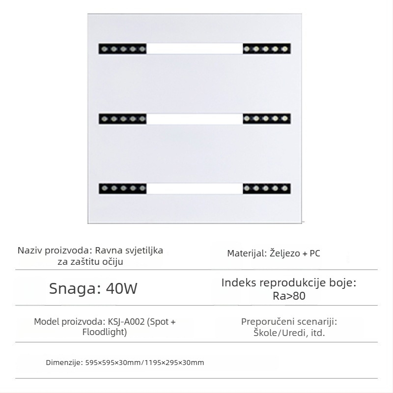 LED lampica s lećama i rešetkom, integrirano stropno panelno svjetlo za ured i dnevni boravak, 595×595 mm, 4000 lm, visok CRI