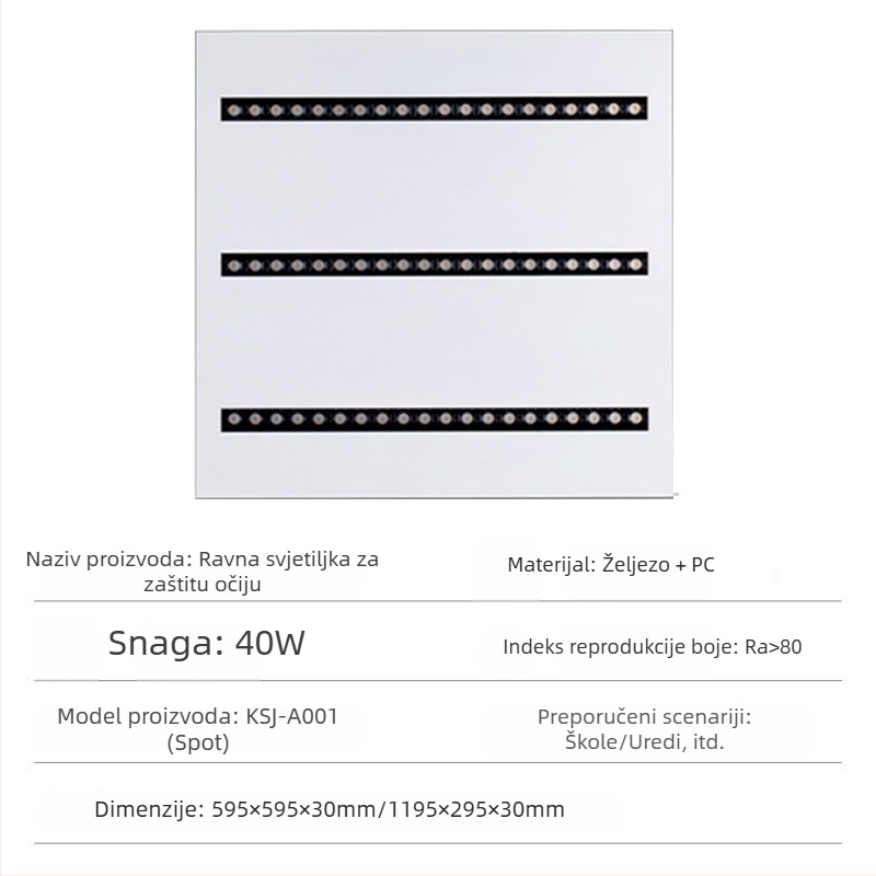 LED lampica s lećama i rešetkom, integrirano stropno panelno svjetlo za ured i dnevni boravak, 595×595 mm, 4000 lm, visok CRI