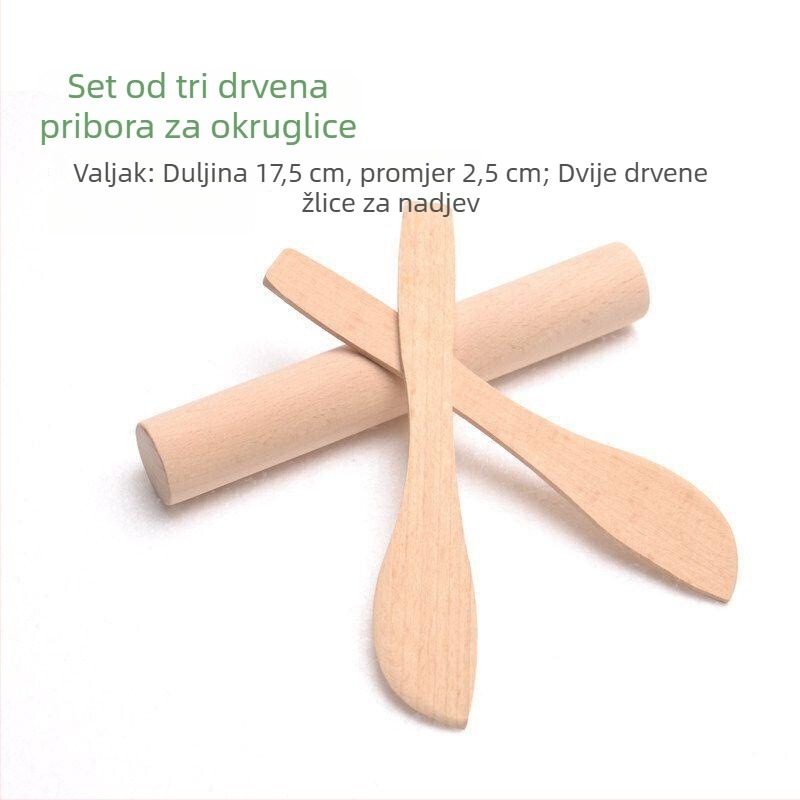 Set drvenih posuđa za knedle: mala drvena žličica, veliki drveni valjak, drvena žličica za punjenje, žlica za oblikovanje knedli