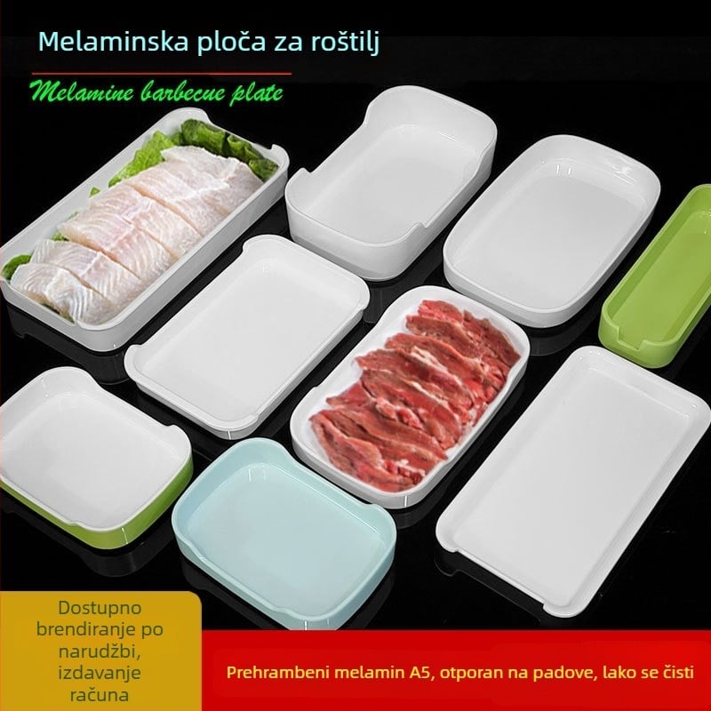 Melamin kvadratne pločice, veličine 15–19 cm, moderni minimalistički dizajn, podglazurna dekoracija, pogodne za restorane i hotele, tisak logotipa i prilagodba dostupni