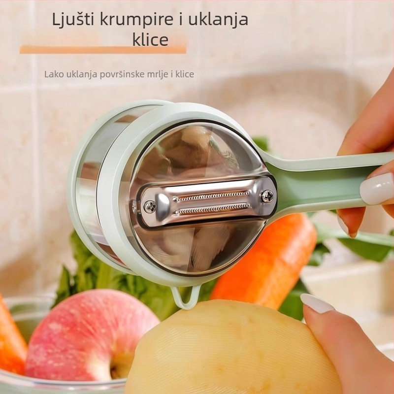 Oguljač s vidljivim spremnikom za kuhinjsku pohranu, namijenjen guljenju jabuka, šparoga i krusaka, s ugrađenim spremnikom za pohranu.