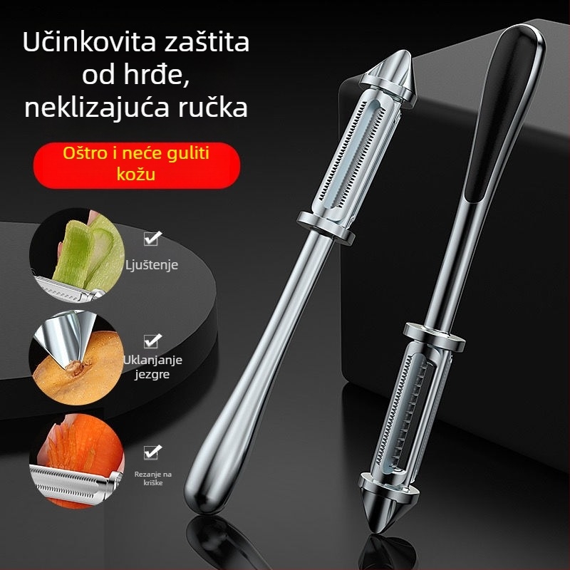 Višefunkcionalni kuhinjski alat od cinkove legure: 3-in-1 oštrljivač za povrće i strugalica, 5-in-1 strugalica za voće s otvaračem boce piva