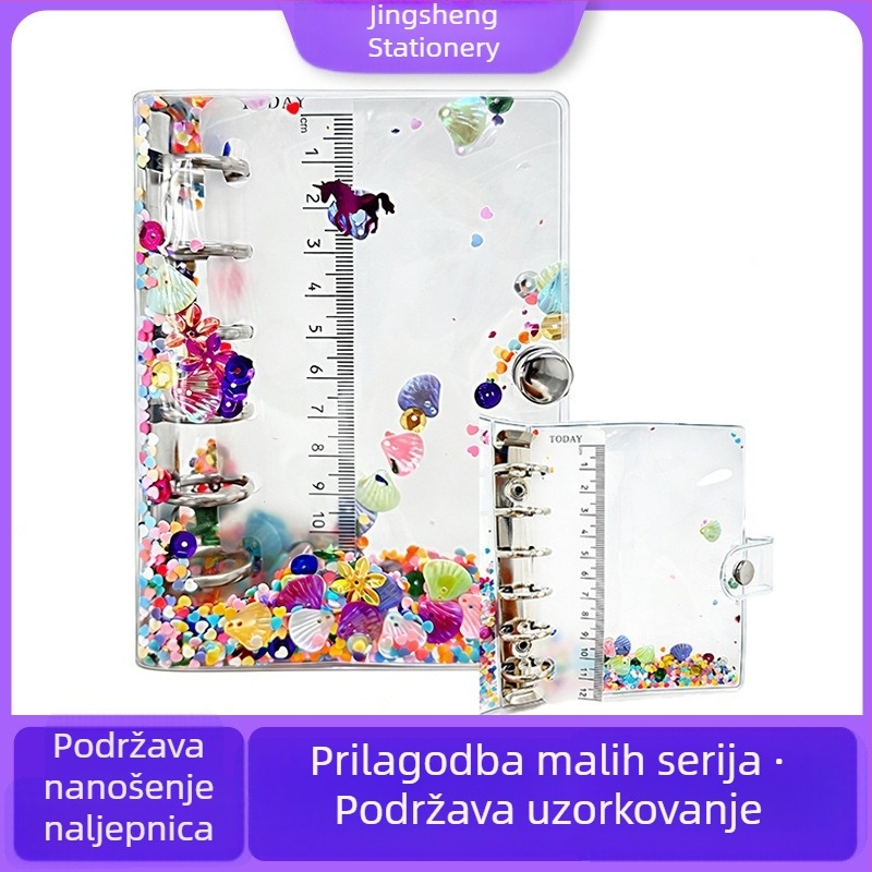 A7 bilježnica s listovima koji se mogu izdvojiti, prozirna PVC korica, šareni glitter, dnevnik s prostorom za kartice