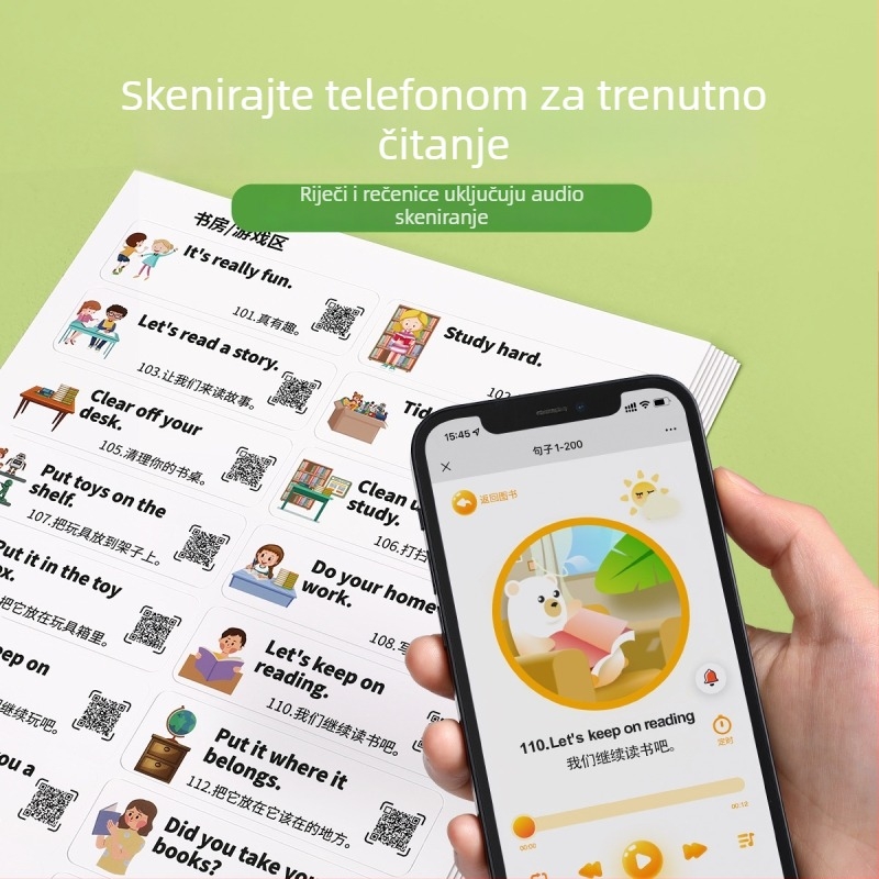 Skup engleskih naljepnica za obiteljske situacije, svakodnevne razgovore i vokabular za učenike osnovne škole