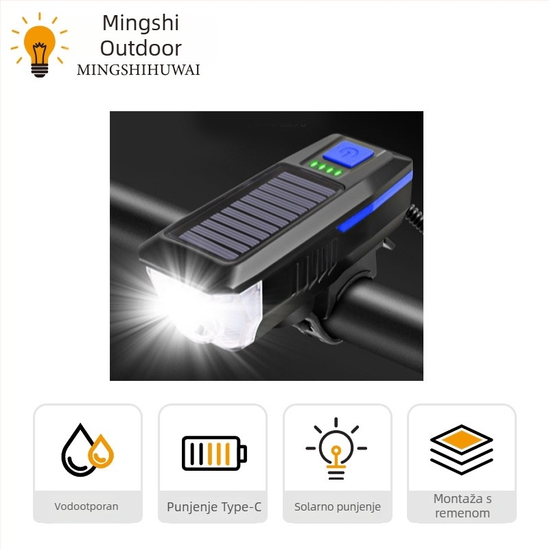 Solarna USB prednja svjetiljka za planinski bicikl, vodootporna LED svjetiljka za noćnu vožnju
