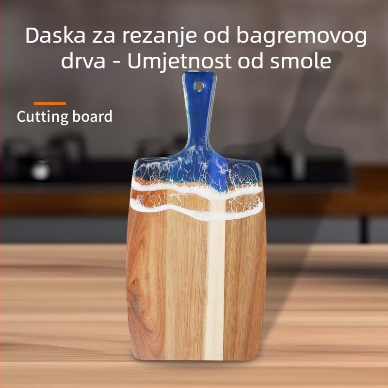 Daska za rezanje od drveta s epoksidnom smolom, masivno drvo, akacija, spojeno drvo, daska za voće s motivom rijeke i plaže