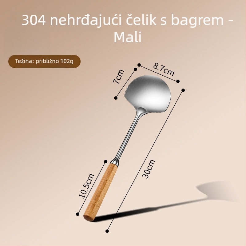 Špatula od nehrđajućeg čelika 304 u obliku gljive, integrirana glava, drška od čvrstog drveta, izolirana kuhinjska špatula s debelom kružnom glavom