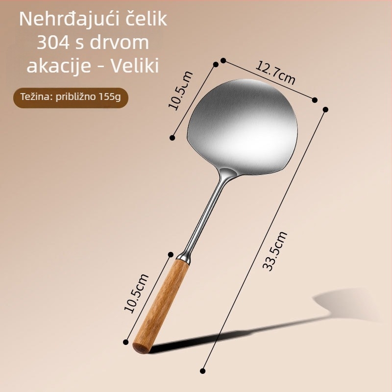 Špatula od nehrđajućeg čelika 304 u obliku gljive, integrirana glava, drška od čvrstog drveta, izolirana kuhinjska špatula s debelom kružnom glavom