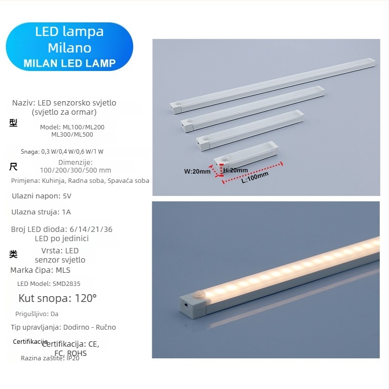 LED svjetlo s detektorom pokreta i magnetskim držačem za garderobu, ormar i ormar za cipele; USB punjenje, dugački trak, noćno svjetlo
