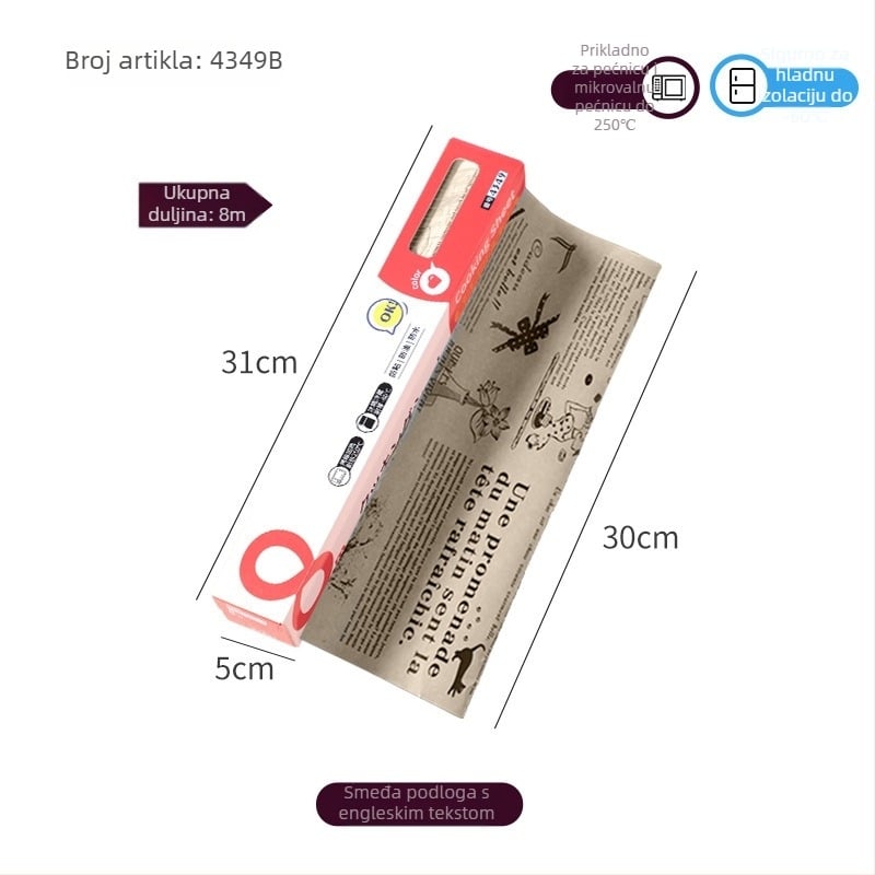 4349. Mimu papir za pečenje u roli sa silikonskim premazom, 8 m, moderni minimalistički stil, engleski print dizajn