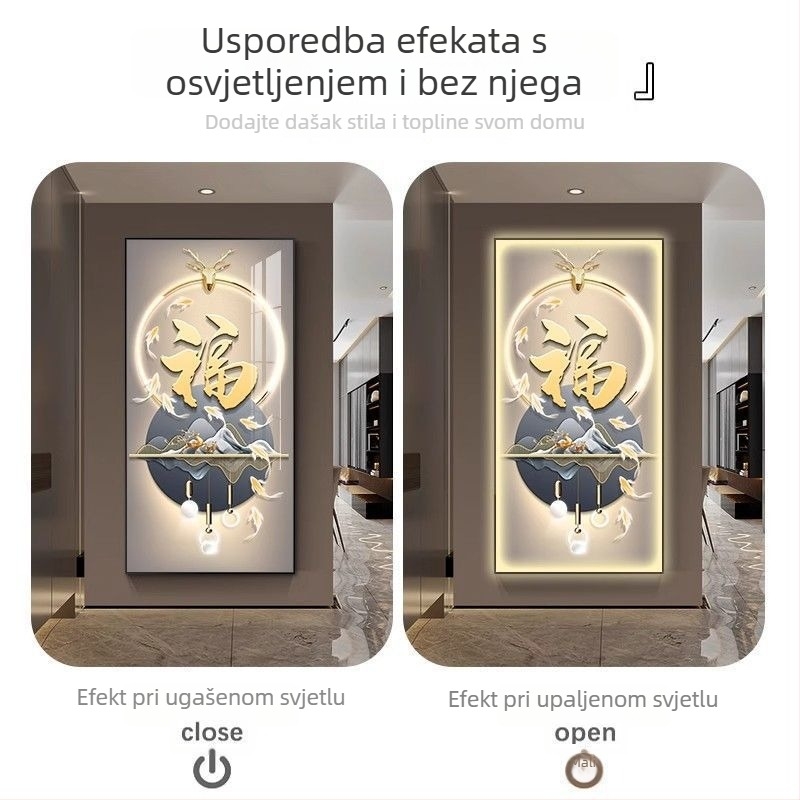 LED osvijetljeni luksuzni zidni prikaz za hodnik s simbolom sreće i devet ribica, aluminijski okvir, porcelanski kristalni motiv, etnički stil