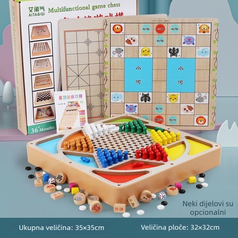Velika dječja drvena višefunkcionalna stolna igra: Flying Chess, Backgammon, Šah, Šah sa životinjama