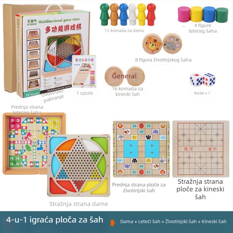 Velika dječja drvena višefunkcionalna stolna igra: Flying Chess, Backgammon, Šah, Šah sa životinjama