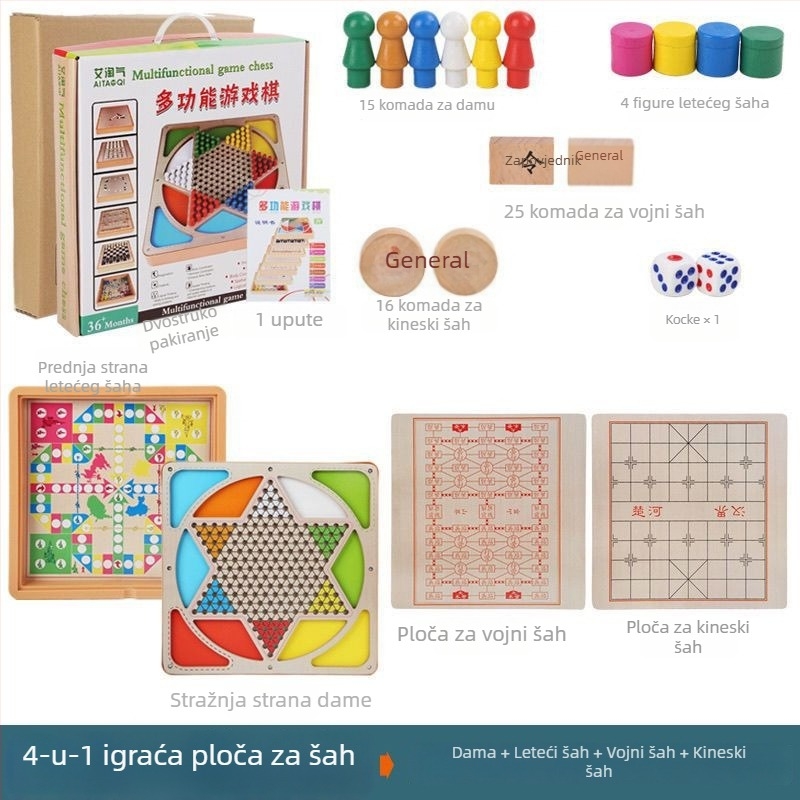 Velika dječja drvena višefunkcionalna stolna igra: Flying Chess, Backgammon, Šah, Šah sa životinjama