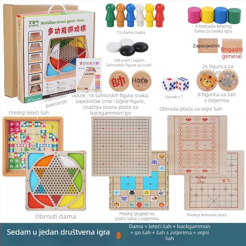 Velika dječja drvena višefunkcionalna stolna igra: Flying Chess, Backgammon, Šah, Šah sa životinjama