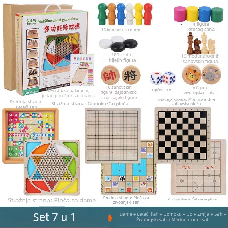Velika dječja drvena višefunkcionalna stolna igra: Flying Chess, Backgammon, Šah, Šah sa životinjama