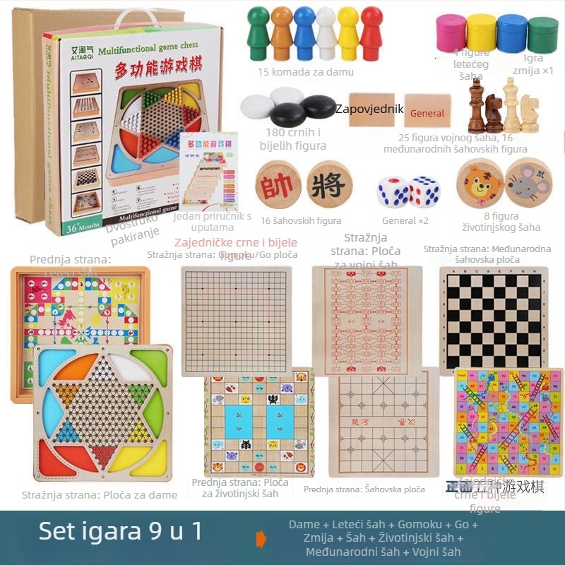 Velika dječja drvena višefunkcionalna stolna igra: Flying Chess, Backgammon, Šah, Šah sa životinjama
