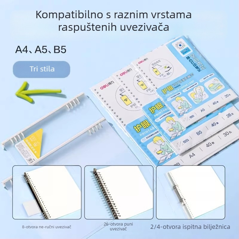Deli tiskljivi DIY zamjenski papir za bilježnicu s 26 rupa, univerzalno, za zaštitu očiju, formati A4/A5/B5