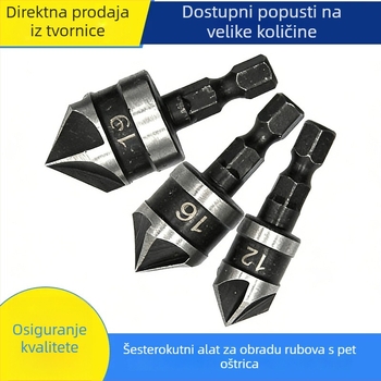 Set od 3 alata za zaobljavanje rupa u karbonskom čeliku, crni šesterokutni vratilo, pet oštrica, za bušilice i električne alate