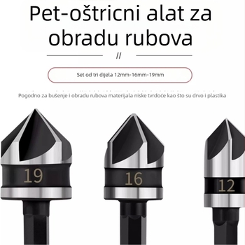 Set od 3 alata za zaobljavanje rupa u karbonskom čeliku, crni šesterokutni vratilo, pet oštrica, za bušilice i električne alate