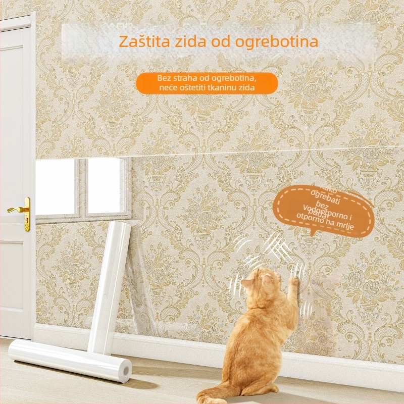 Prozirna samoljepljiva zaštitna folija za zidove protiv ogrebotina uzrokovanih mačkama; pogodna za zidove premazane latexom; vodootporna i otporna na prljavštinu.