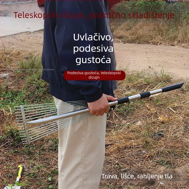Teleskopske željezne grablje – višenamjenski poljoprivredni alat za lišće i travu, produživo