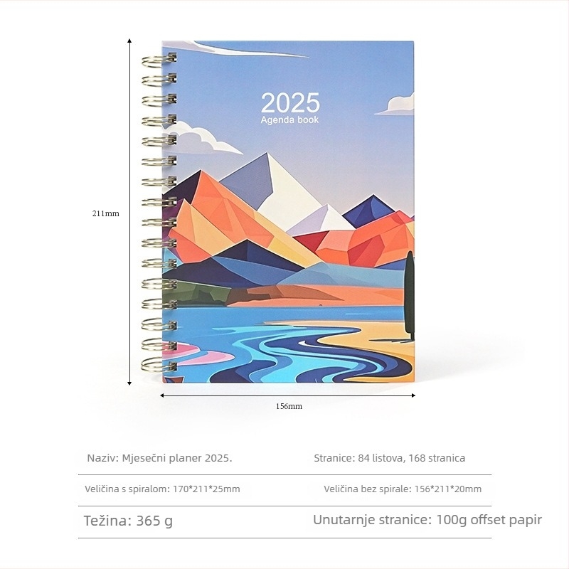 Planer za 2025, mjesečni planer, A5 spiralni blok, 168 stranica