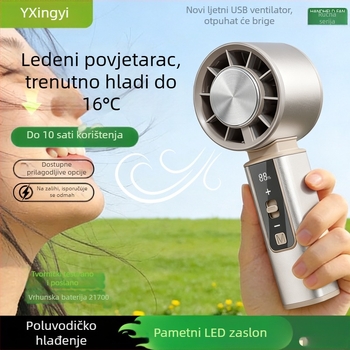 Prijenosni ručni i stolni ventilator s ugrađenom baterijom, USB punjenjem, kućištem od aluminijske legure, poluvodičko hlađenje, digitalni zaslon s 100 brzina