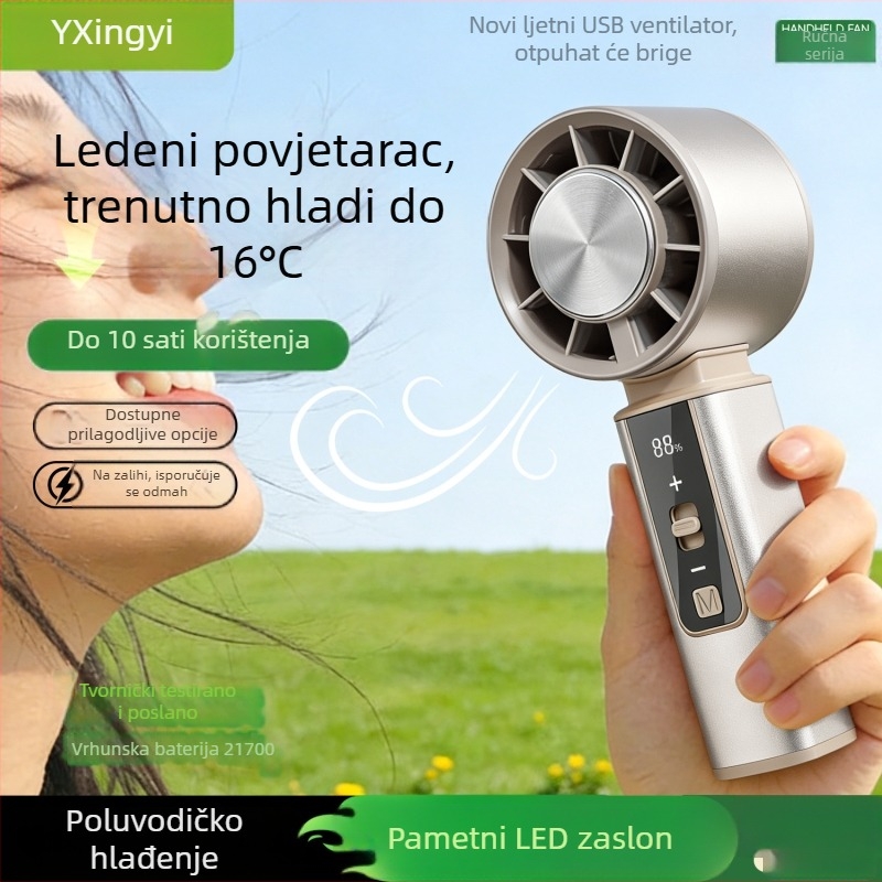Prijenosni ručni i stolni ventilator s ugrađenom baterijom, USB punjenjem, kućištem od aluminijske legure, poluvodičko hlađenje, digitalni zaslon s 100 brzina