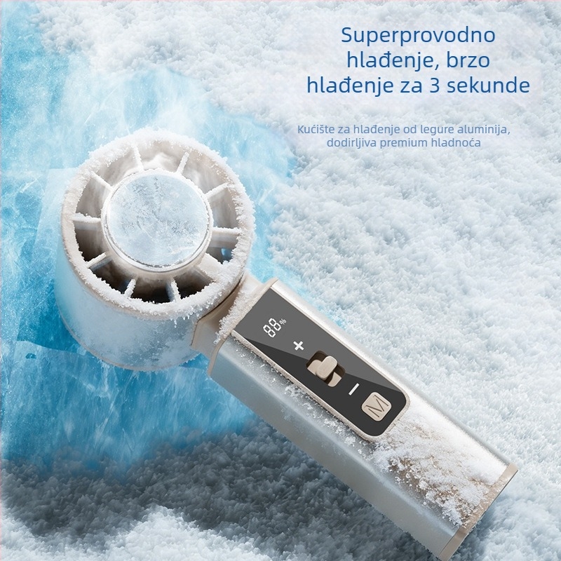 Prijenosni ručni i stolni ventilator s ugrađenom baterijom, USB punjenjem, kućištem od aluminijske legure, poluvodičko hlađenje, digitalni zaslon s 100 brzina