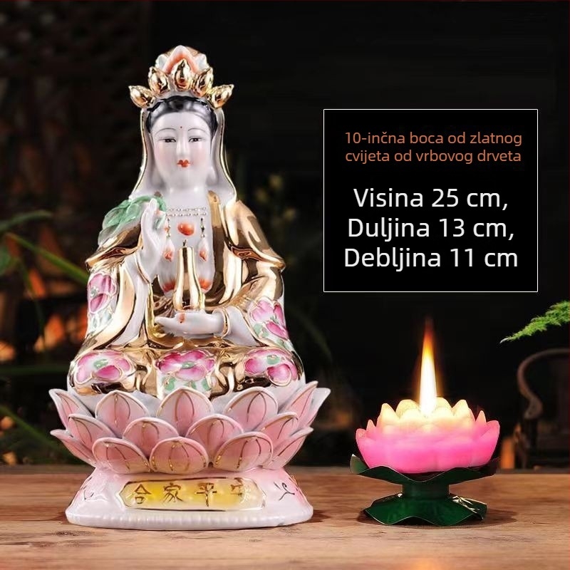 Visokokvalitetna keramička statua Guanyin Bodhisattva, koja sjedi na lotosu sa zlatnim cvijetom