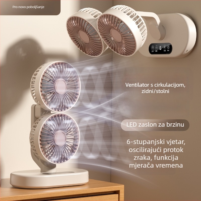 USB dvostruka glava stolni ventilator, punjiv, oscilirajući, mini za ured ili dom